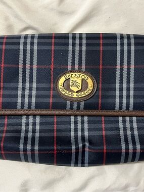 Burberry Navy Plaid Toiletry Bag with Gold Emblem